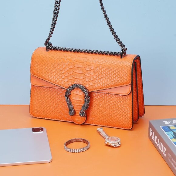 ⚡ Women's Orange Snake Vegan Leather Print Casual Satchel Crossbody Handbag - Picture 1 of 7
